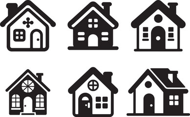 Black and white home icons set expressing cozy living and simple architectural design