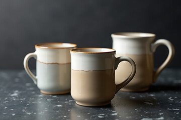 Neutral-toned ceramic mugs on dark granite stone, clean product shot, AI-generated