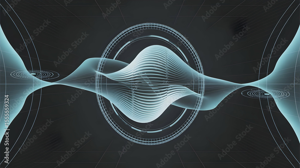 Poster abstract digital waveform visualization showing interconnected energy frequencies with a central nuc