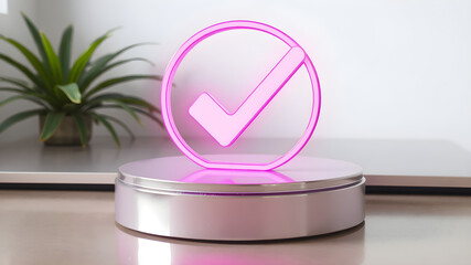 Glowing Pink Checkmark Badge on Metallic Platform