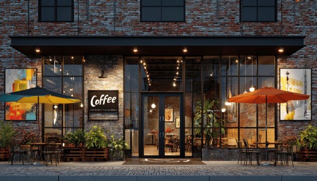 Cozy industrial coffee shop with brick, glass, outdoor seating, and local art 4. Generative AI