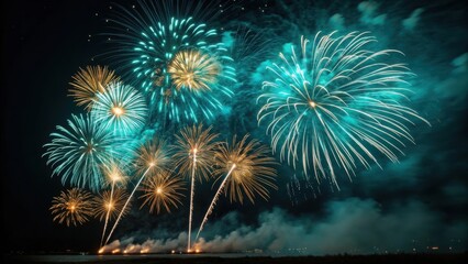 Vibrant teal and gold fireworks explode against a dark night sky explosion