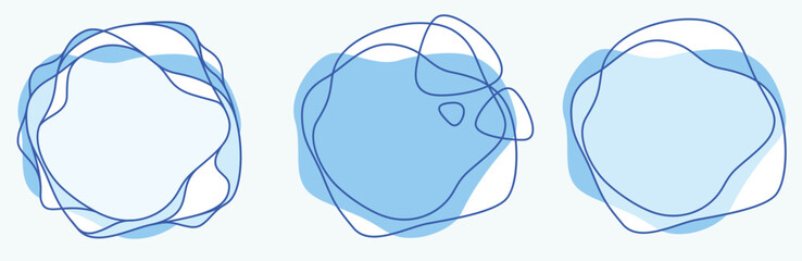 Blue aqua organic abstract waves line circle forms set. Fluid amoeba frame border elements sign. Amorphous liquid banner. Vector background
