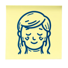 Fototapeta premium Cartoon drawing of woman with heart cheeks on yellow sticky note illustration on transparent background