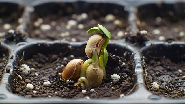 Seedlings sprout in soil-filled tray