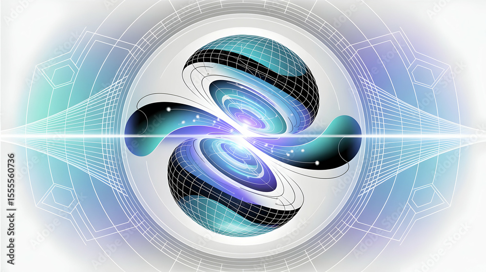 Poster abstract dynamic energy orb with swirling galaxy patterns surrounded by illuminated digital waves an