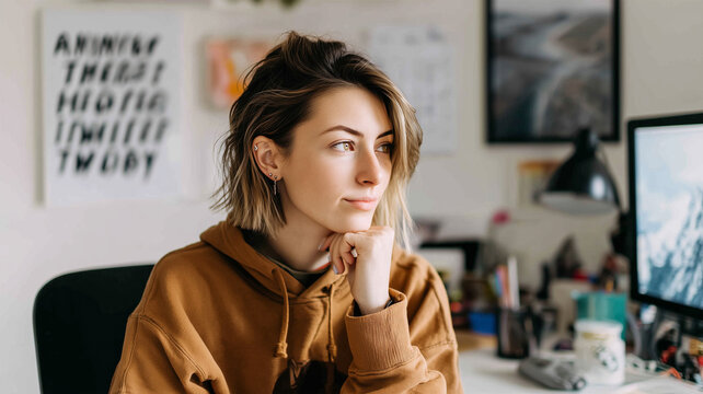 Young professional woman with short hair, seated in a cozy home office, focused on her work, wearing a brown hoodie, background featuring an organized desk and plants - Powered by Adobe
