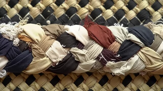 Textile weaving with fabrics and braid detail in beige, brown and black
