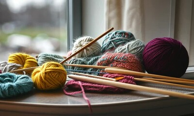 Colorful yarn and knitting tools arranged on wooden surface in a well-lit craft setting ideal for textile enthusiasts. - Powered by Adobe