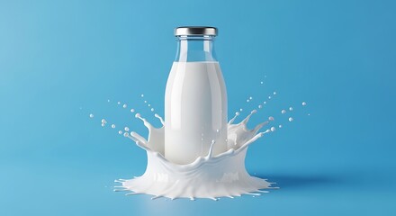 Refreshing Milk Splash Dairy Goodness in a Bottle isolated on blue background