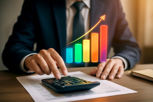 Financial growth and accounting analysis concept with businessman using calculator and colorful virtual bar chart. Perfect for business success, revenue growth, finance report, and investment planning