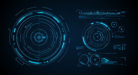 Fototapeta premium Futuristic Blue HUD Interface Elements Pack with Circular Radar and Glowing Target Indicators