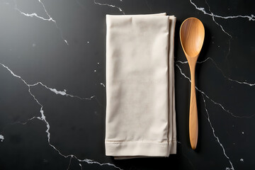 Folded linen napkin and handmade wooden spoon on black surface, Backdrop.AI-generated