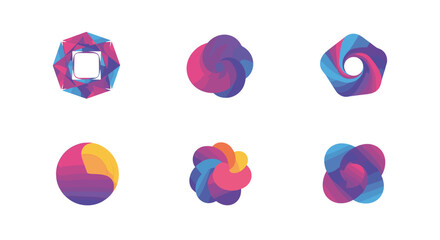 A collection of six abstract shapes with vibrant color gradients on a white background arranged neatly