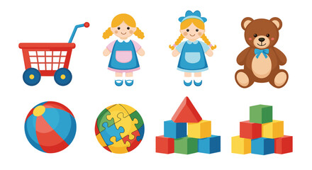 Fototapeta premium Illustration of a red shopping cart two dolls a teddy bear two balls and two stacks of building blocks