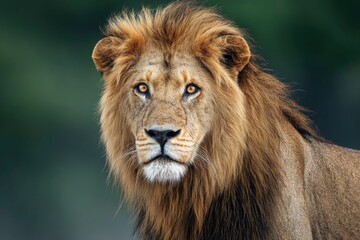 Fototapeta premium A male lions head detailed mane amber eyes grey nose against a blurred green background