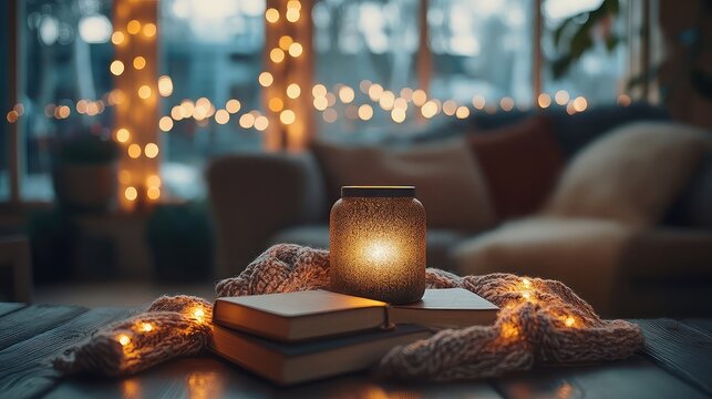 Quiz time festive card surrounded by warm string lights, cozy winter decor, inviting visual for engaging quiz night.