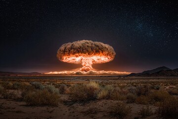 A mushroom cloud explosion over a desolate landscape at night