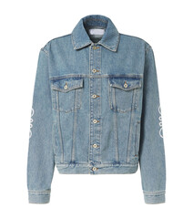 Denim jacket with pleated front detail and buttons isolated on a white background