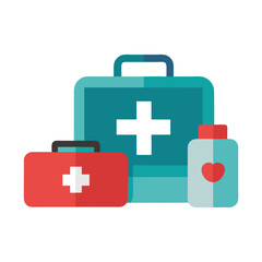 Obraz premium First aid kit, ambulance emergency box, medical help suitcase vector icon on white background.