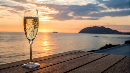 A glass of sparkling champagne sits on a wooden table overlooking a breathtaking sunset over the ocean