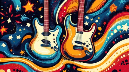 Retro music posters with hippie signs and guitars in Woodstock style, capturing 60s-70s festival vibes and vintage music culture.