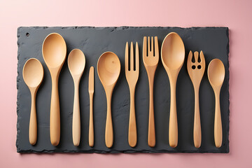 Polished wooden utensils neatly arranged on black surface, AI-generated