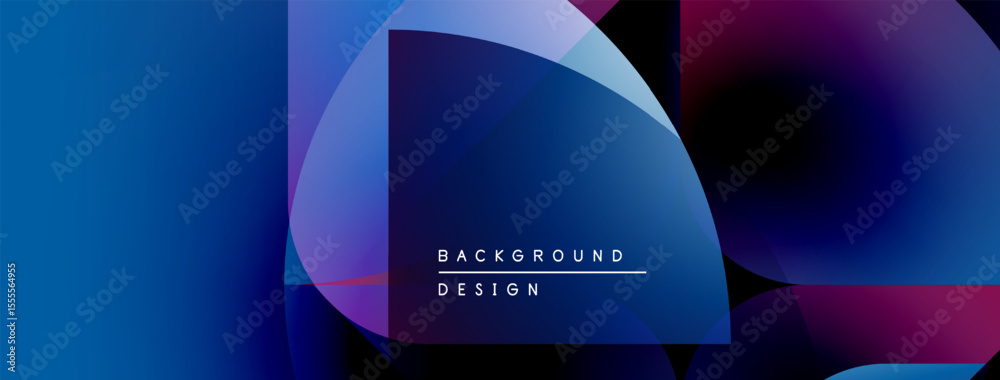 Poster Abstract geometric shapes overlap, creating vibrant blue, purple gradients. Text reads background design centered within composition.