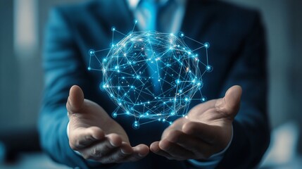 Businessman holding a digital network sphere. Hands cradling an intricate network, representing global connectivity
