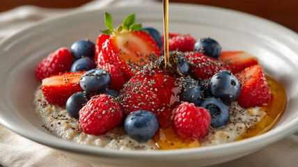 Bowl of oatmeal topped with fresh strawberries blueberries raspberries chia seeds and honey drizzle in white bowl on soft fabric background