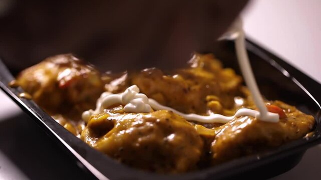 Closeup shot of decorating food with cream. Cinematic stock food shot.