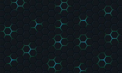 Dark hexagon abstract technology background with blue and green colored bright flashes under hexagon. Hexagonal gaming vector tech illustration black abstract background.