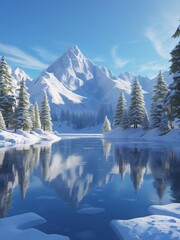 Winter Wonderland Reflections Snowy Mountains and Serene Frozen Lake