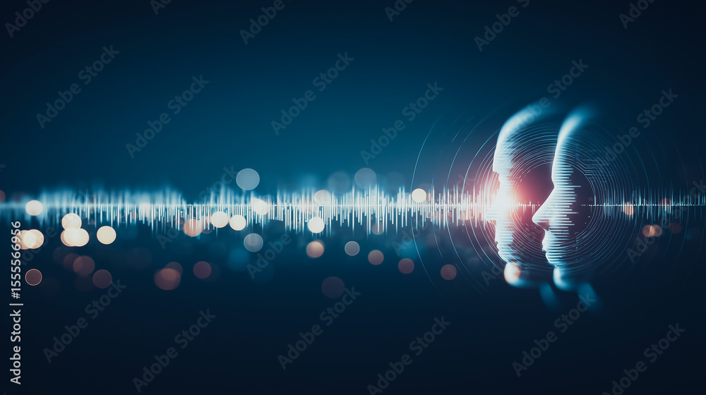 Canvas Prints digital mindscape: two translucent human profiles emerge from a dynamic soundscape, symbolized by a 