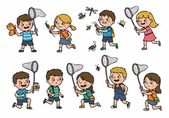 Happy children catching insects with nets outdoors during summer vacation or an educational field trip.