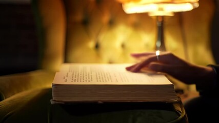 Hand reads worn book in warm, shadowed light near a soft-lit lamp