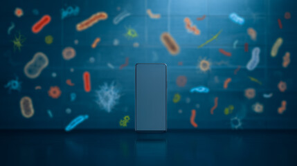 Naklejka premium Germ Protection Device: A sleek, dark grey device stands against a deep blue wall, seemingly repelling a multitude of colorful bacteria and germs, symbolizing hygiene and cleanliness.