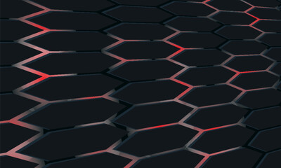 Fototapeta premium Dark hexagon abstract technology background with bright flashes of red and white under the hexagon. Black abstract background for hexagon game.vector illustration.modern.