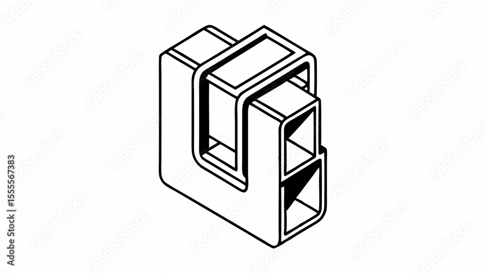Poster isometric view of a white connector with two square openings and a u shaped top connector at the top