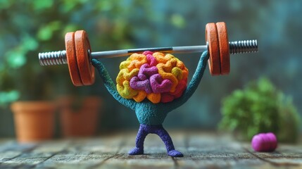 Colorful brain lifting weights, symbolizing mental strength and cognitive power.