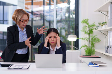 Stressful Office Conflict Asian Women with Older Manager Frustration at Work Deadline Pressure Tension Problem Solving in Workplace