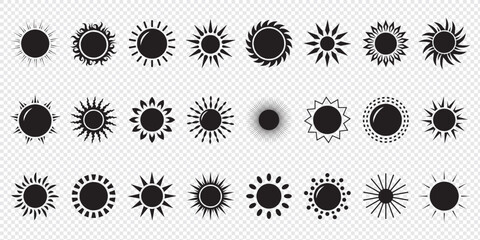 Sun icon set. Vector flat design. Collection of sun stars for use in as logo or weather icon. Yellow suns circles, bright natural lighting objects.