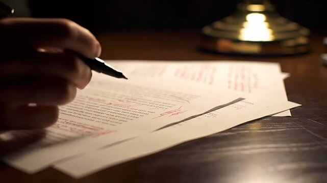 Hand edits document with red pen at a desk, lamp shines in back