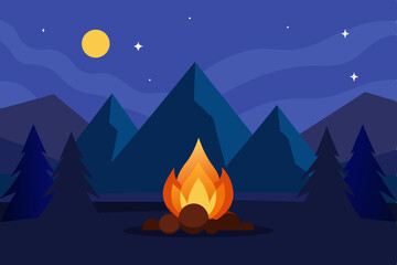 Obraz premium A serene night sky with a vibrant moon illuminates a tranquil mountain landscape adorned with silhouetted trees and twinkling stars, capturing the essence of camping in nature