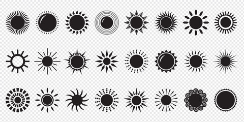 Sun vector illustration set in yellow color. Sun icon set. Yellow sun icons. Sunset icon collection. Yellow sun star icons. Solar energy. Vector illustration