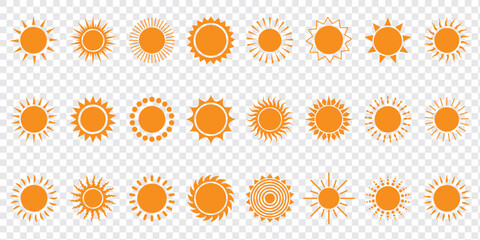 Sun icon set. Vector flat design. Collection of sun stars for use in as logo or weather icon. Yellow suns circles, bright natural lighting objects.