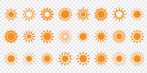 Sun vector illustration set in yellow color. Sun icon set. Yellow sun icons. Sunset icon collection. Yellow sun star icons. Solar energy. Vector illustration