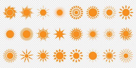 Sun vector illustration set in yellow color. Sun icon set. Yellow sun icons. Sunset icon collection. Yellow sun star icons. Solar energy. Vector illustration