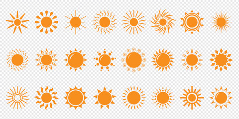 Simple sun icon set. Shine sun ray set. Sun icon set. Black sun star icons collection. Summer, sunlight, nature, sky. Vector illustration isolated on white background.