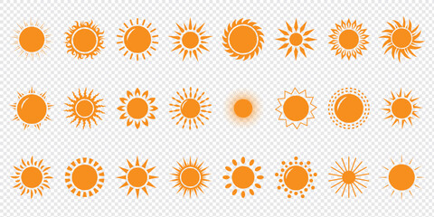 Sun icon set. Yellow sun icons. Shine sun ray set. Sunset icon collection. Yellow sun star icons. Vector illustration